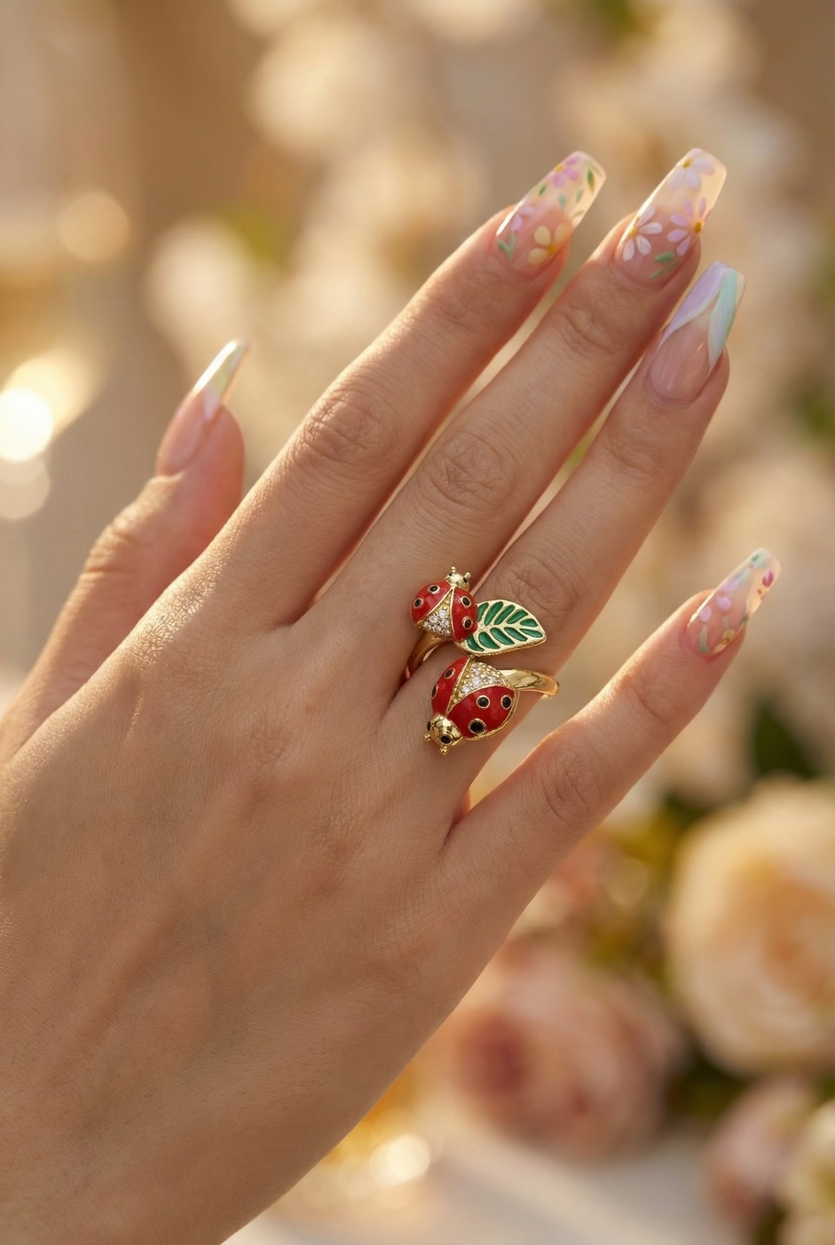 Ladybug Ring – Gold Plated, Enamel Flower Nature Ring, Adjustable