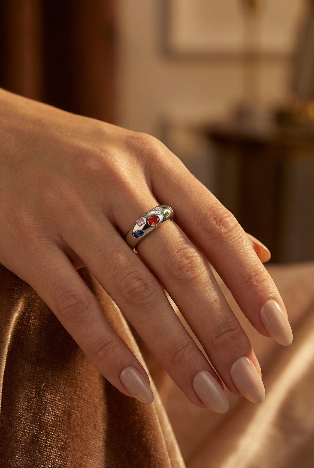 Mixed Gemstone Ring – Chunky Dome Statement Ring with Rainbow Stones, Gold Oversize Ring, Bold Fashion Band