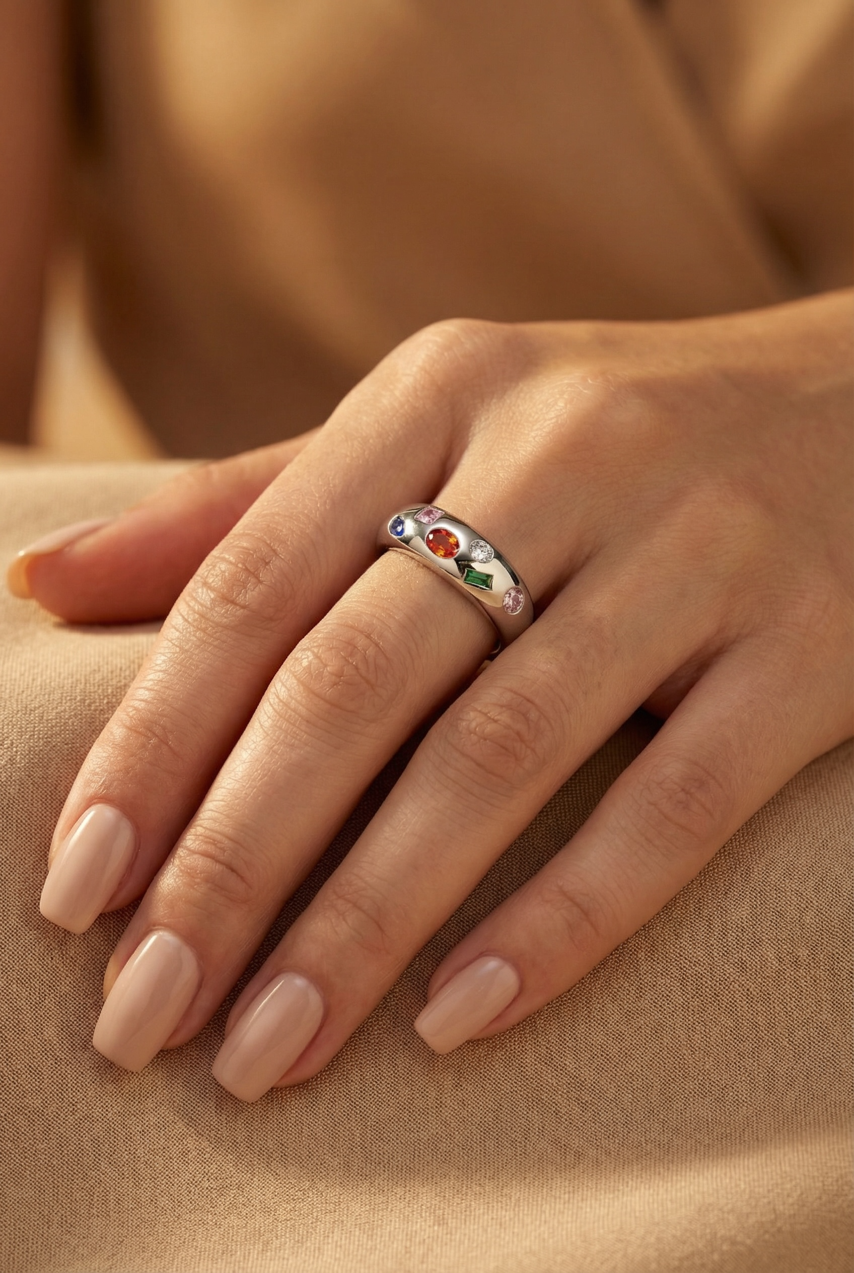 Mixed Gemstone Ring – Chunky Dome Statement Ring with Rainbow Stones, Gold Oversize Ring, Bold Fashion Band