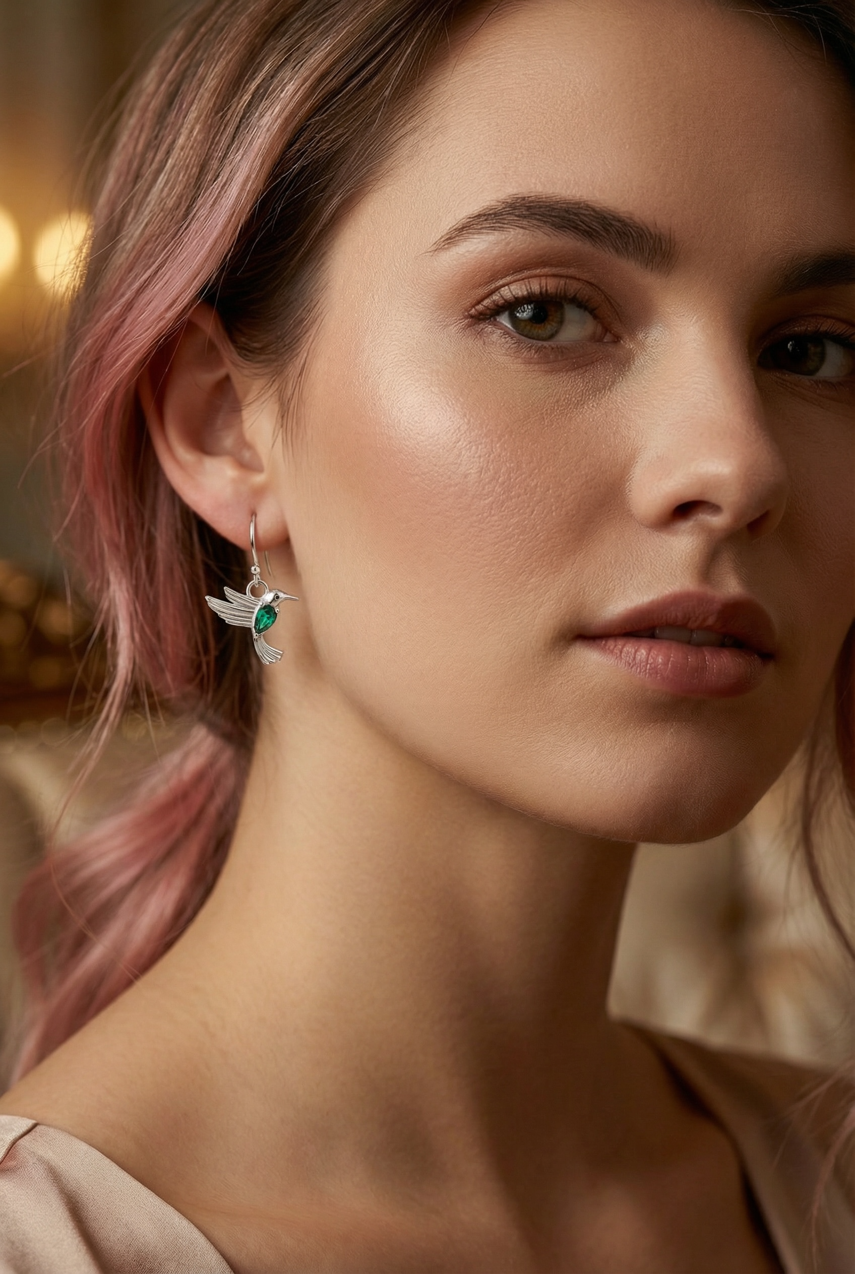 Hummingbird Earrings Sterling Silver | Flying Bird Earrings with Emerald Accent | Nature Jewelry Gift