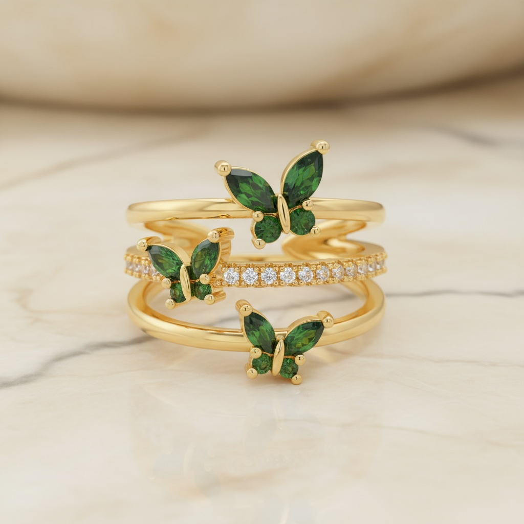 14K Gold Butterfly Crystal Ring: Adjustable Birthstone Jewelry