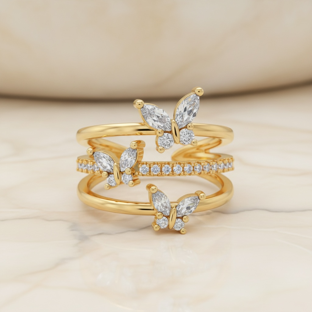 Butterfly Crystal Ring for Women | 14K Gold Adjustable Birthstone Jewelry
