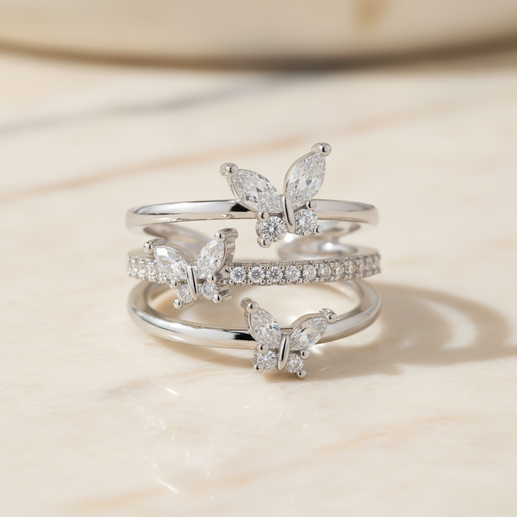 14K Gold Butterfly Crystal Ring: Adjustable Birthstone Jewelry