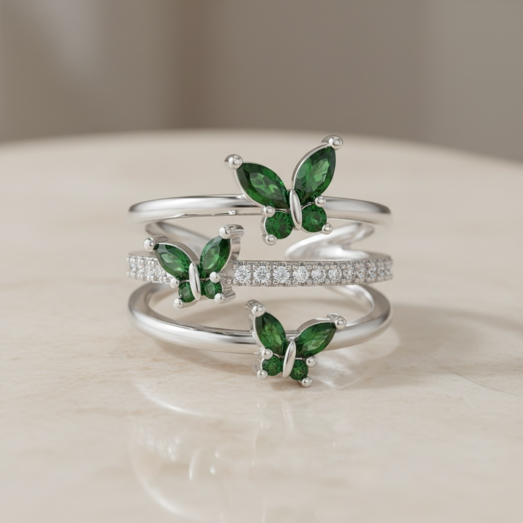 14K Gold Butterfly Crystal Ring: Adjustable Birthstone Jewelry