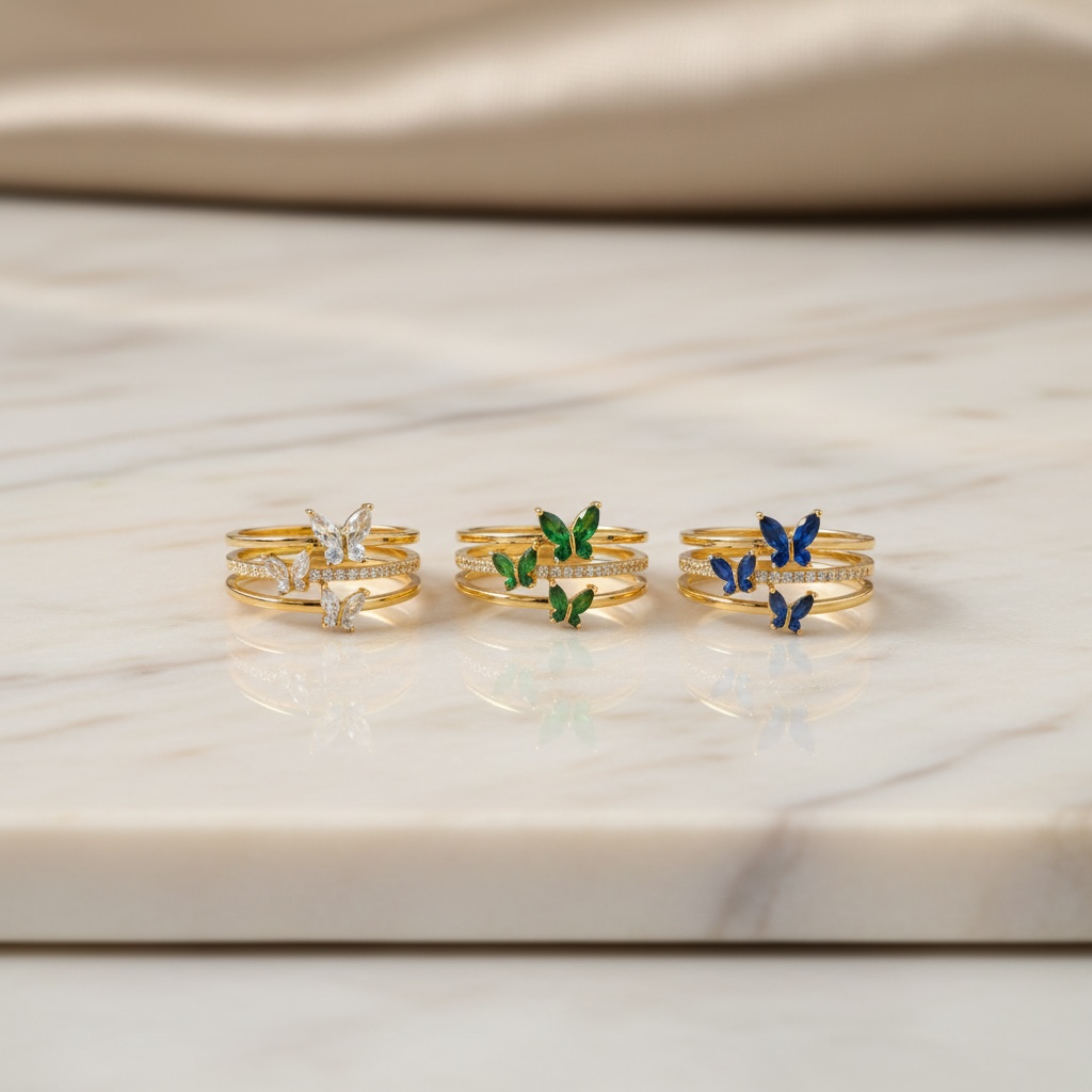 14K Gold Butterfly Crystal Ring: Adjustable Birthstone Jewelry