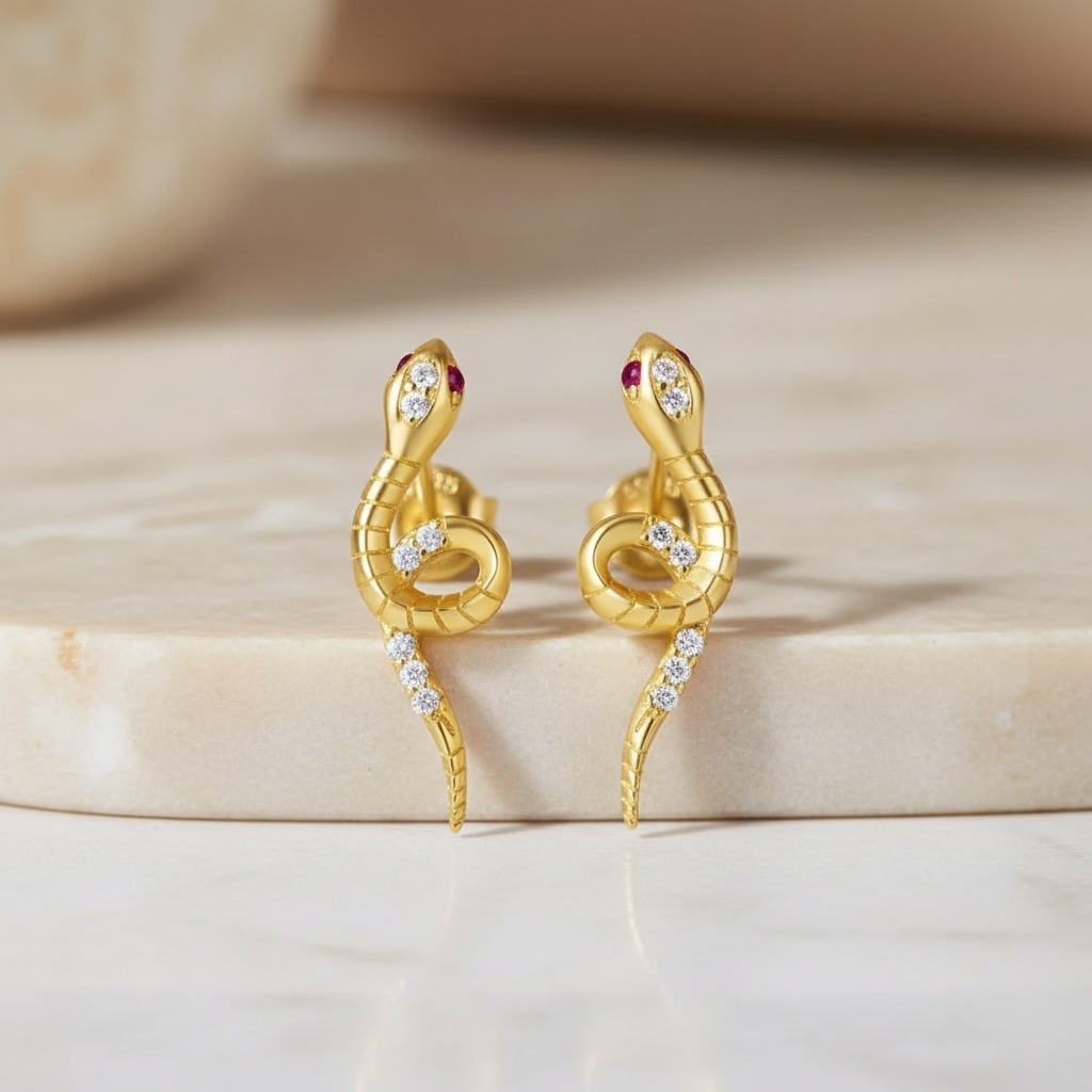 Gold Serpent Stud Earrings for Women | Sterling Silver Snake Earrings with CZ Eyes | Minimalist Edgy Jewelry