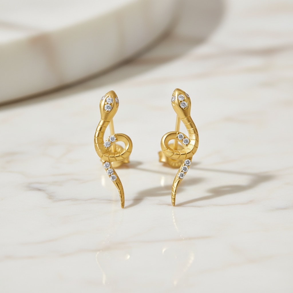 Gold Serpent Stud Earrings for Women | Sterling Silver Snake Earrings with CZ Eyes | Minimalist Edgy Jewelry