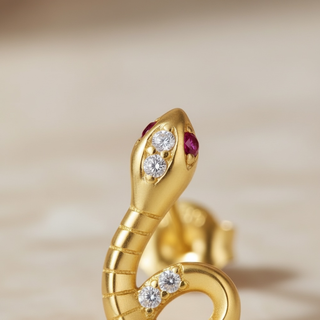 Gold Serpent Stud Earrings for Women | Sterling Silver Snake Earrings with CZ Eyes | Minimalist Edgy Jewelry