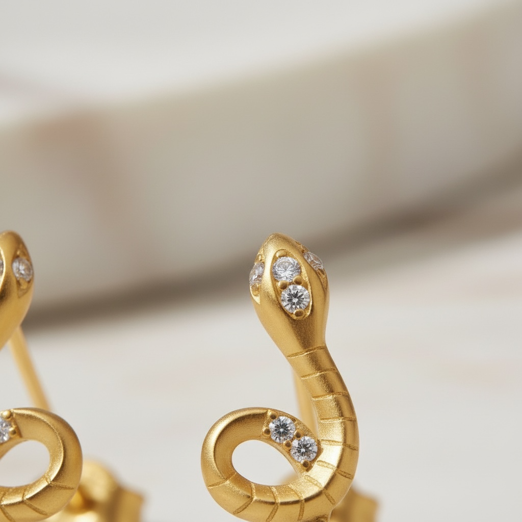 Gold Serpent Stud Earrings for Women | Sterling Silver Snake Earrings with CZ Eyes | Minimalist Edgy Jewelry