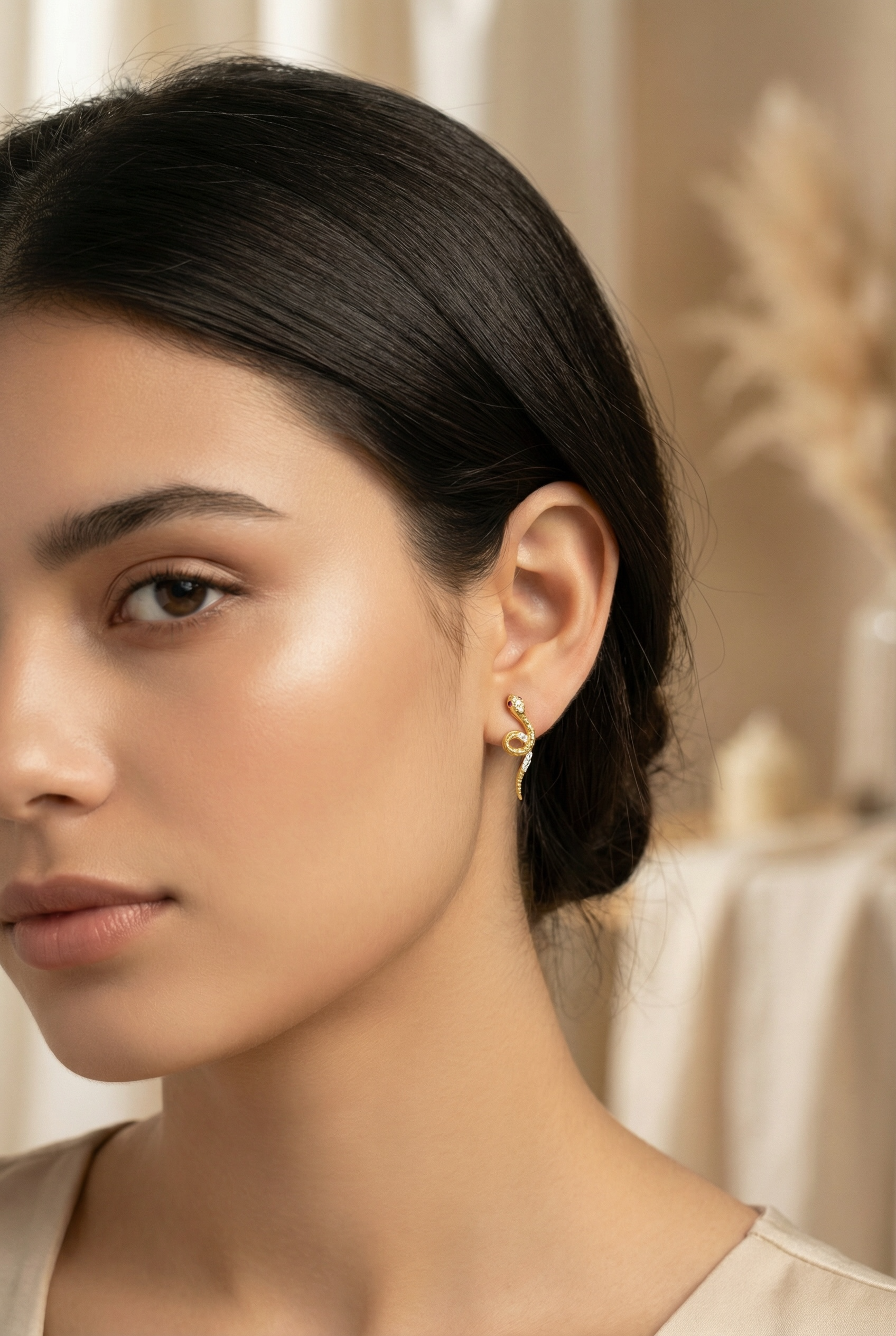 Gold Serpent Stud Earrings for Women | Sterling Silver Snake Earrings with CZ Eyes | Minimalist Edgy Jewelry