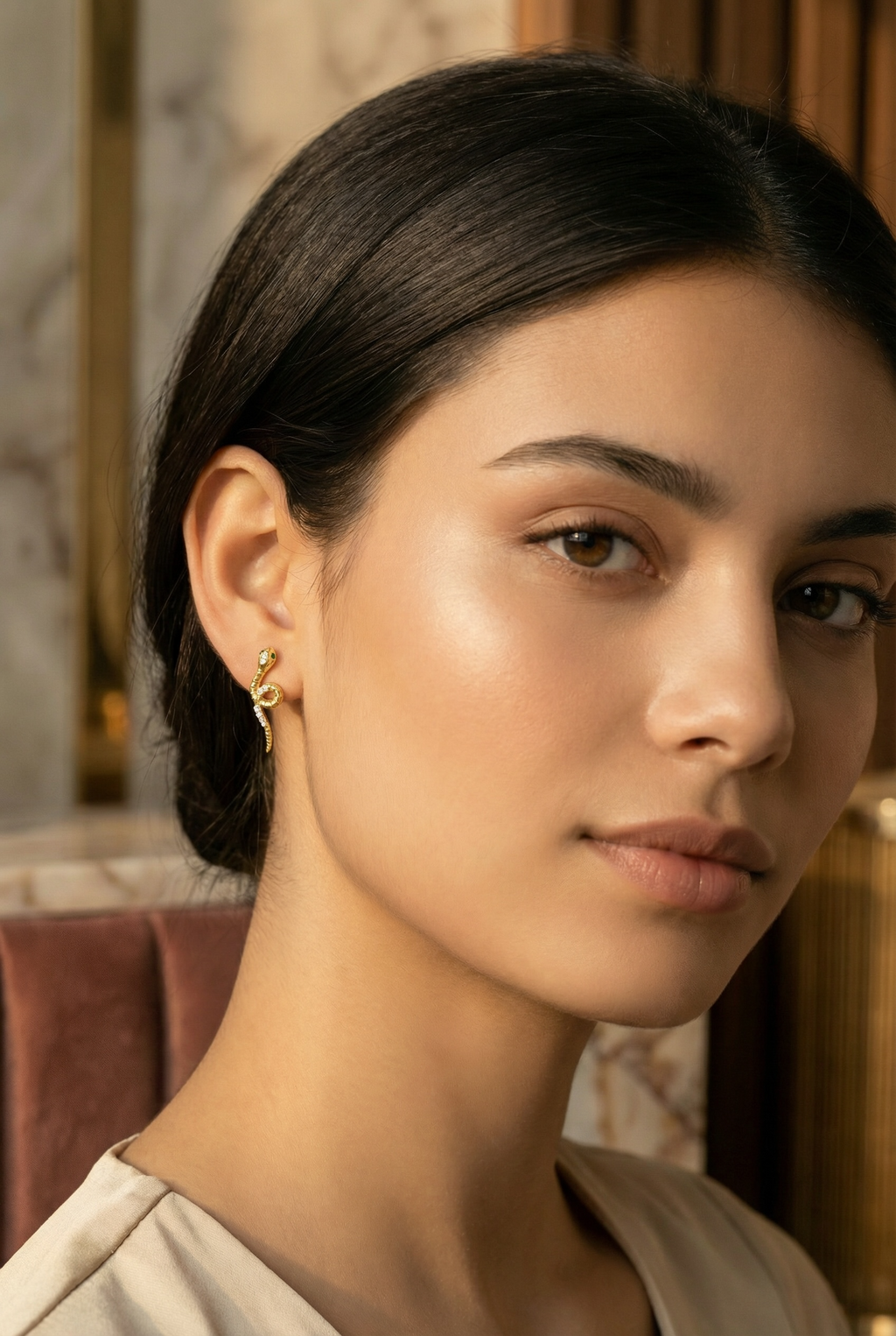Gold Serpent Stud Earrings for Women | Sterling Silver Snake Earrings with CZ Eyes | Minimalist Edgy Jewelry