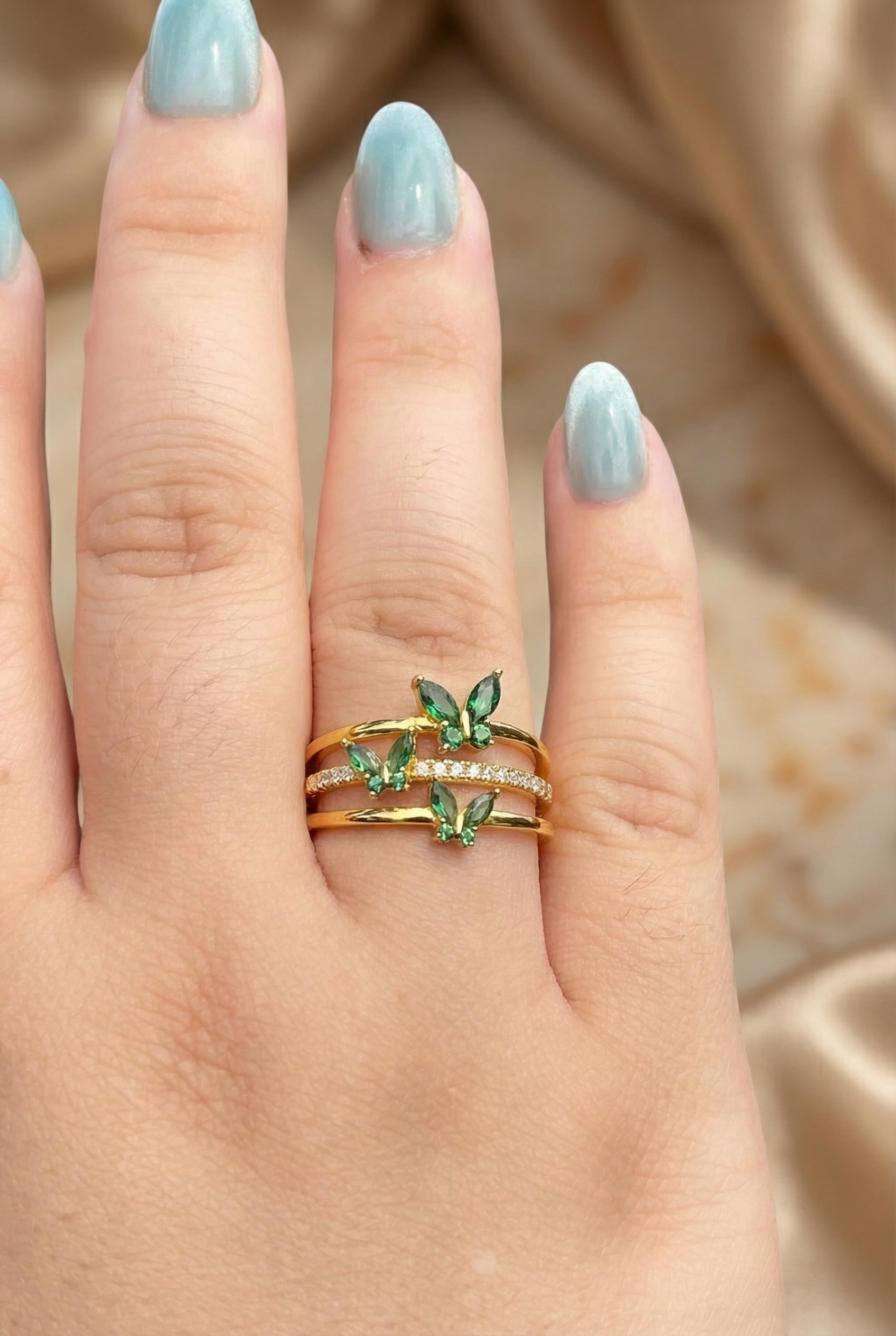 14K Gold Butterfly Crystal Ring: Adjustable Birthstone Jewelry