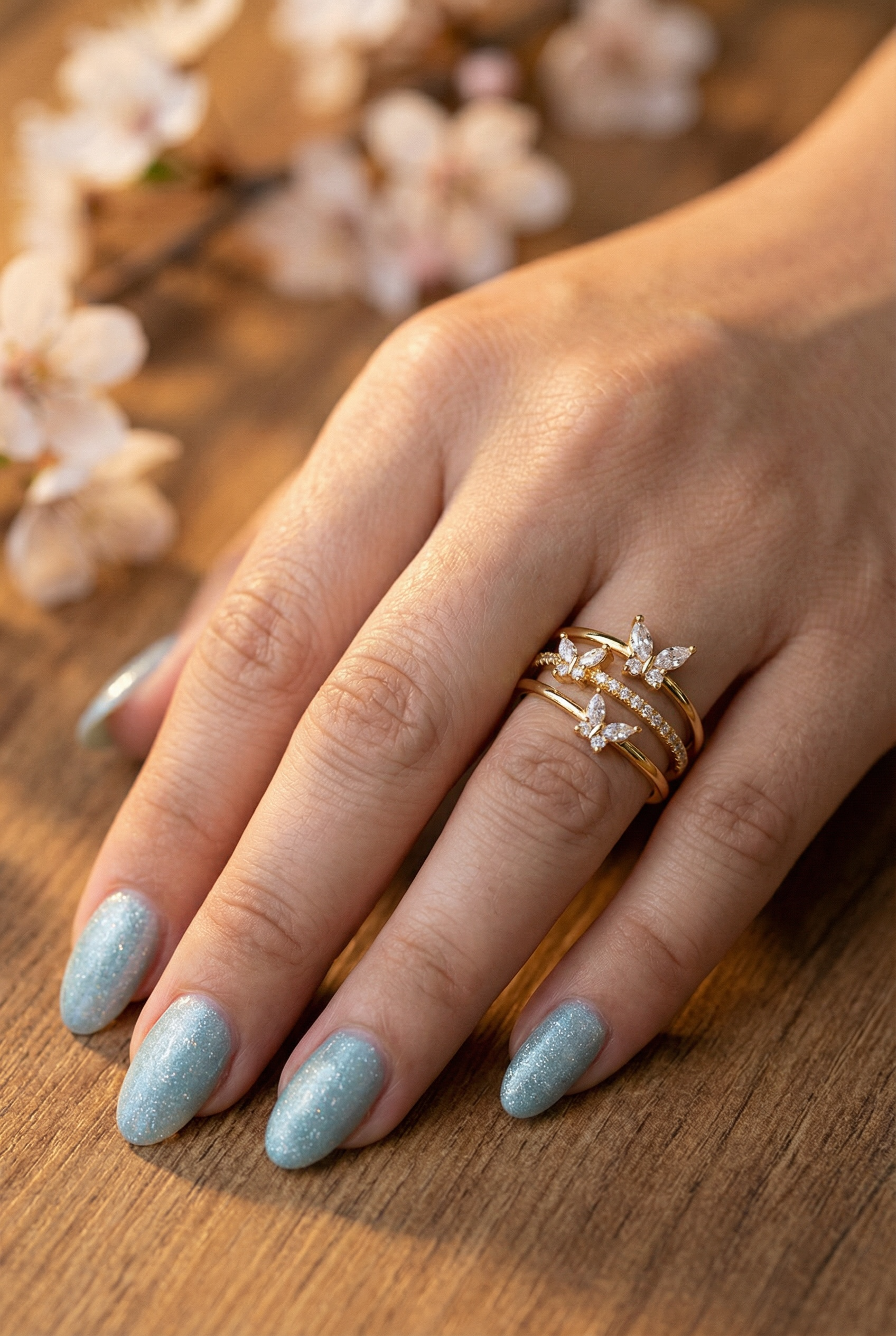 14K Gold Butterfly Crystal Ring: Adjustable Birthstone Jewelry