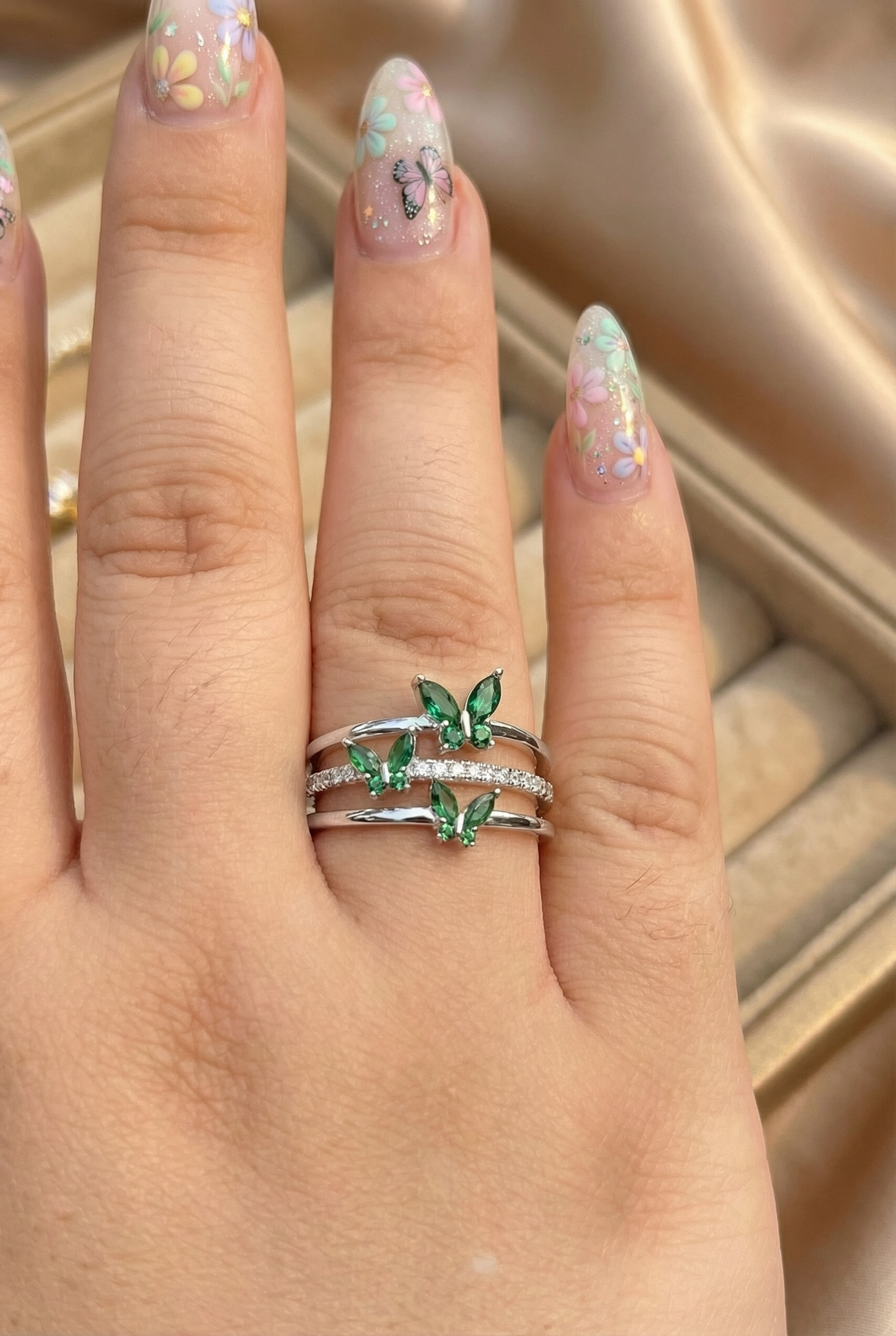 14K Gold Butterfly Crystal Ring: Adjustable Birthstone Jewelry