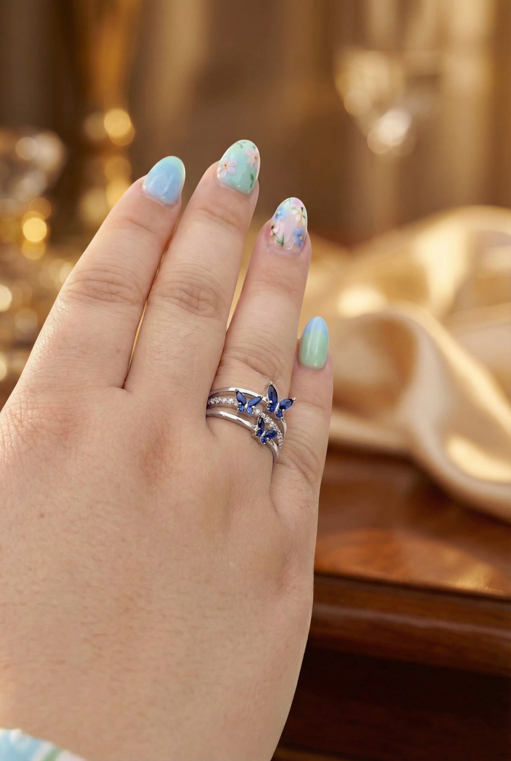 14K Gold Butterfly Crystal Ring: Adjustable Birthstone Jewelry
