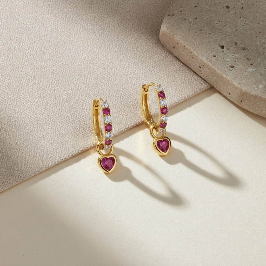 Heart Drop Huggie Earrings • 18K Gold Sterling Silver, CZ