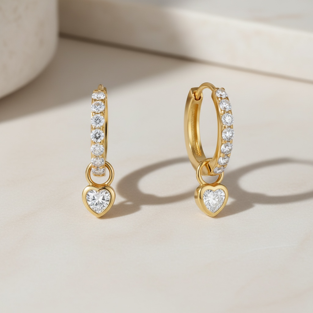 Heart Drop Huggie Earrings • 18K Gold Sterling Silver, CZ
