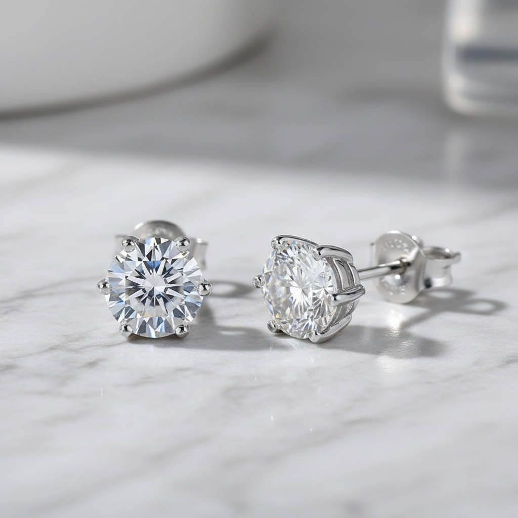Moissanite Stud Earrings: White Gold Sterling Silver, GRA Certified