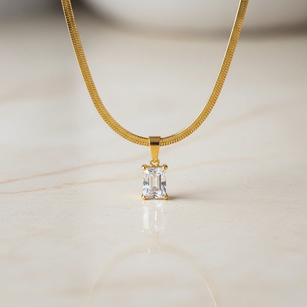 CZ Snake Chain - Emerald Cut Necklace | Dainty Gold Herringbone | 18k SnakeChain