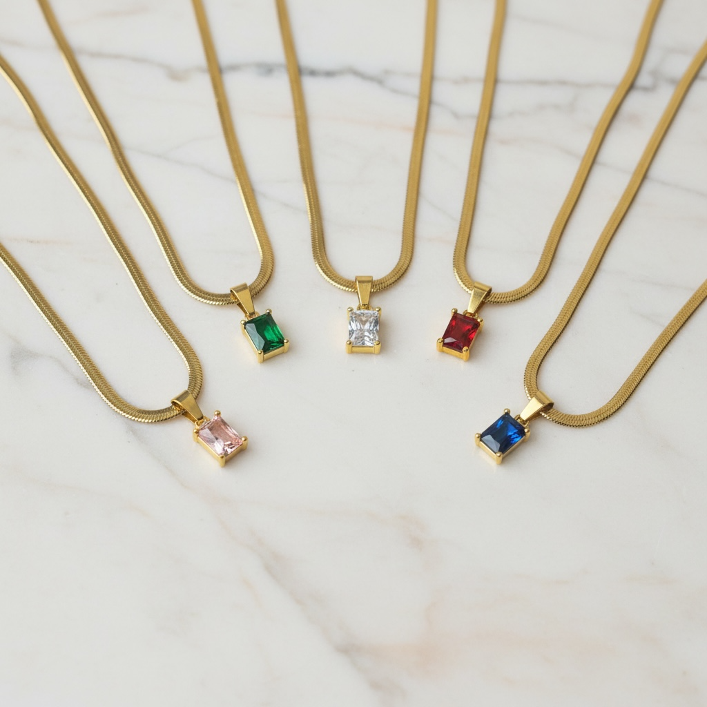 CZ Snake Chain - Emerald Cut Necklace | Dainty Gold Herringbone | 18k SnakeChain