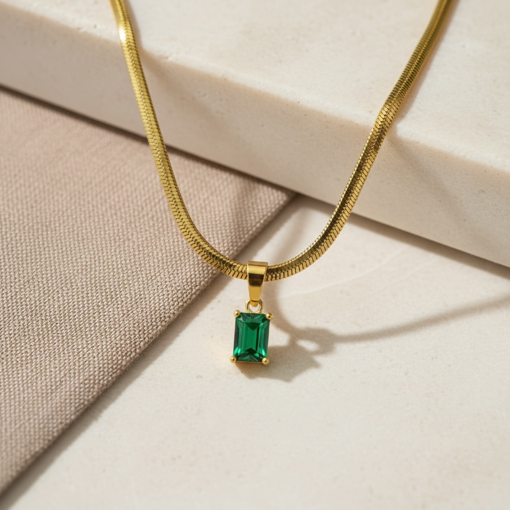 CZ Snake Chain - Emerald Cut Necklace | Dainty Gold Herringbone | 18k SnakeChain