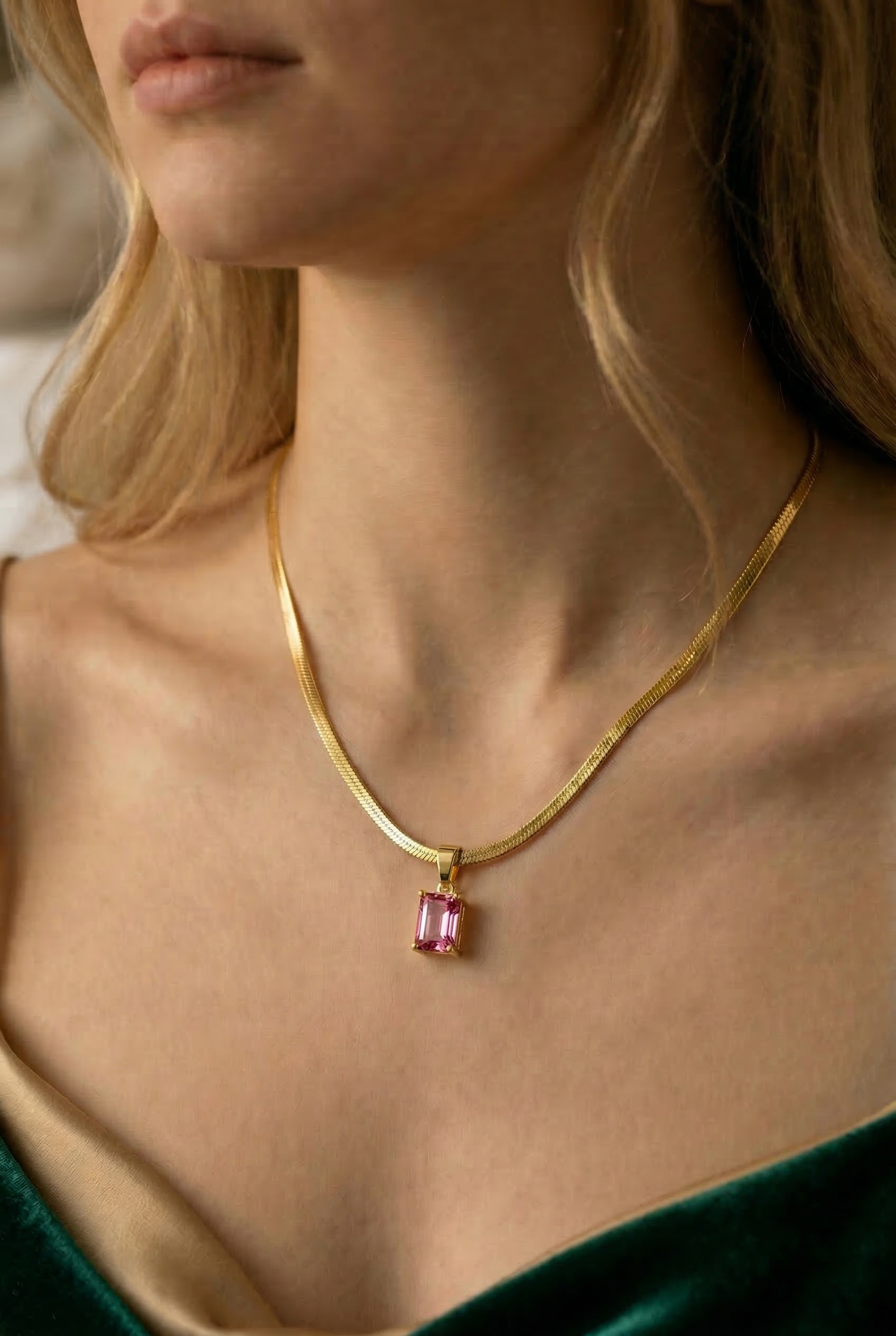 CZ Snake Chain - Emerald Cut Necklace | Dainty Gold Herringbone | 18k SnakeChain