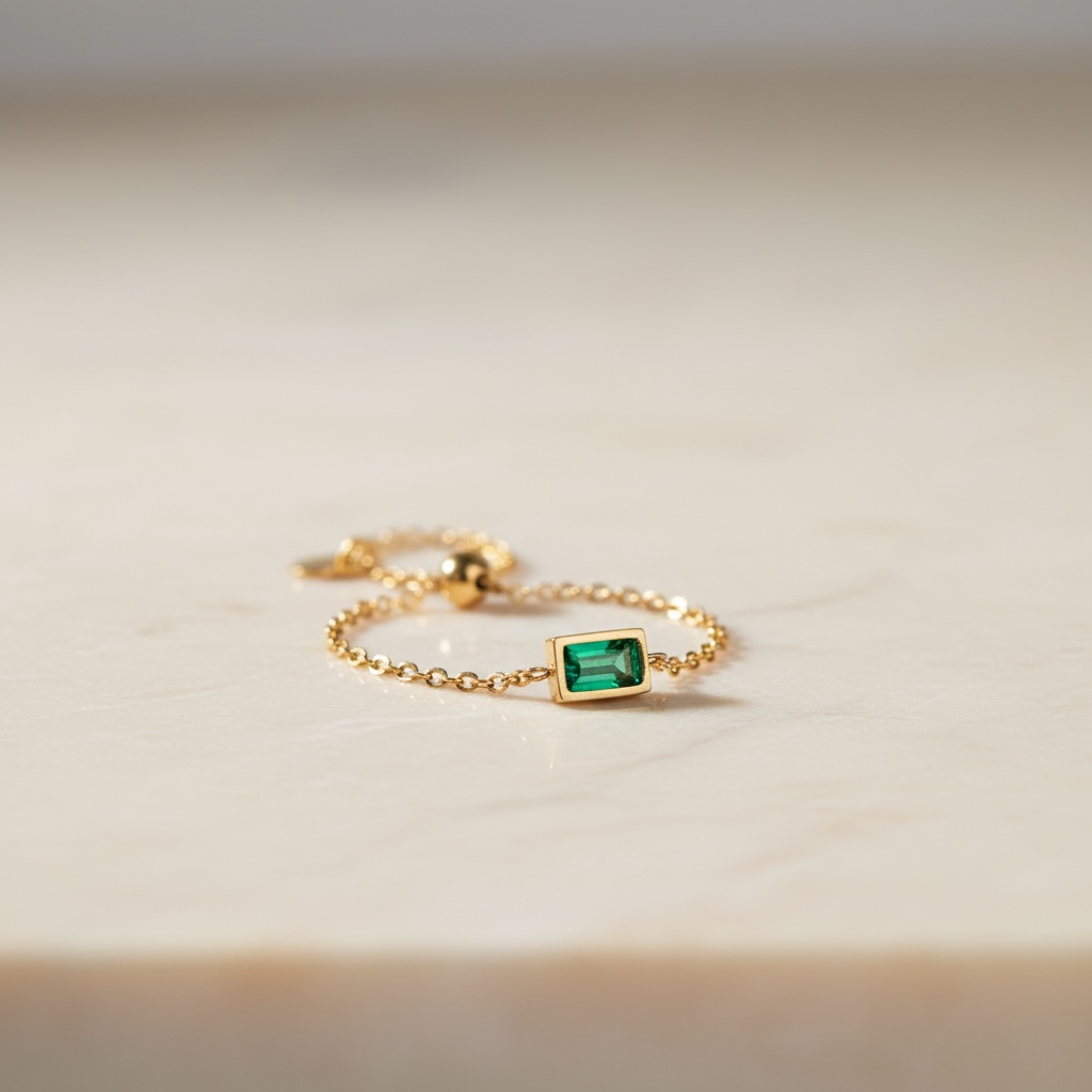 Emerald Chain Ring | Dainty Adjustable Gold Rectangle Cut Ring