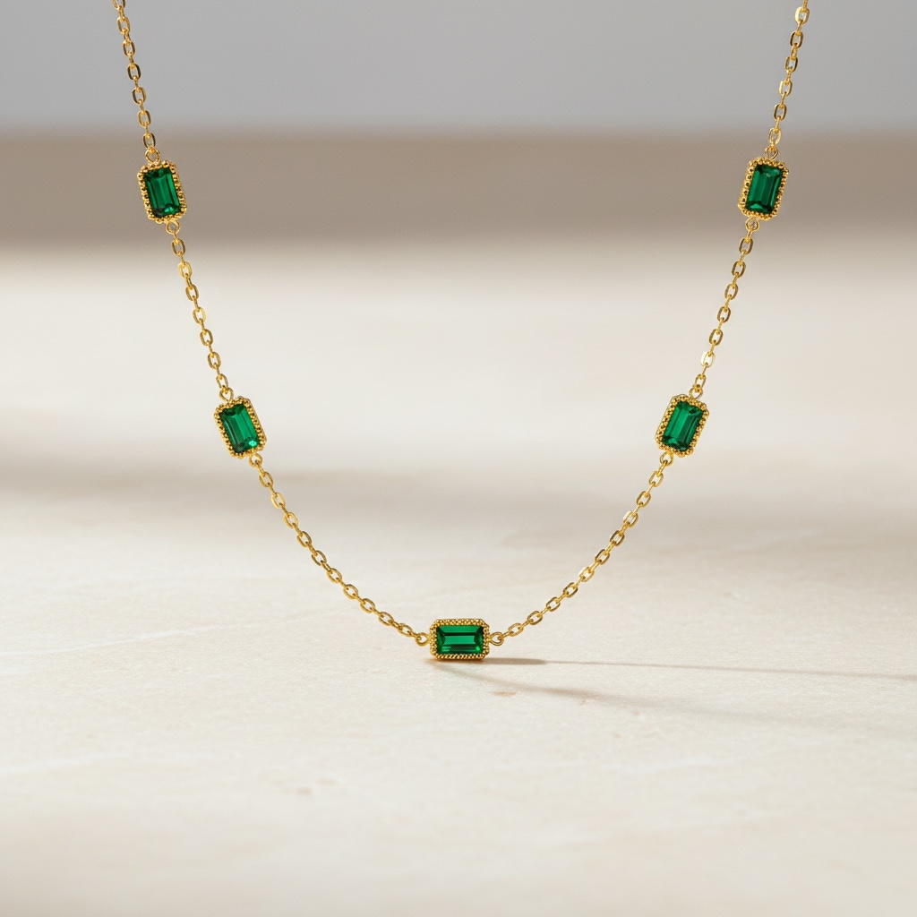 Emerald Chain Ring | Dainty Adjustable Gold Rectangle Cut Ring