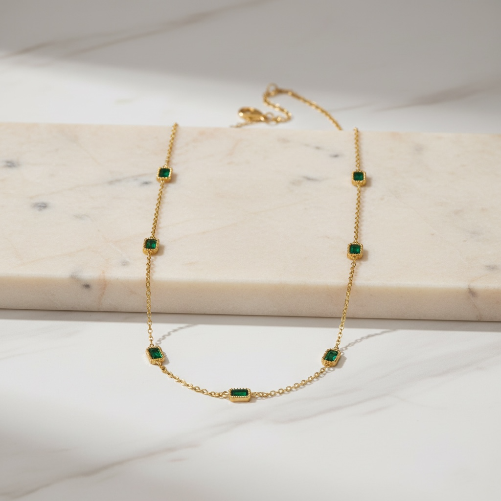 Baguette Necklace - Dainty May Emerald Necklace in Gold - Minimalist Everyday Jewelry