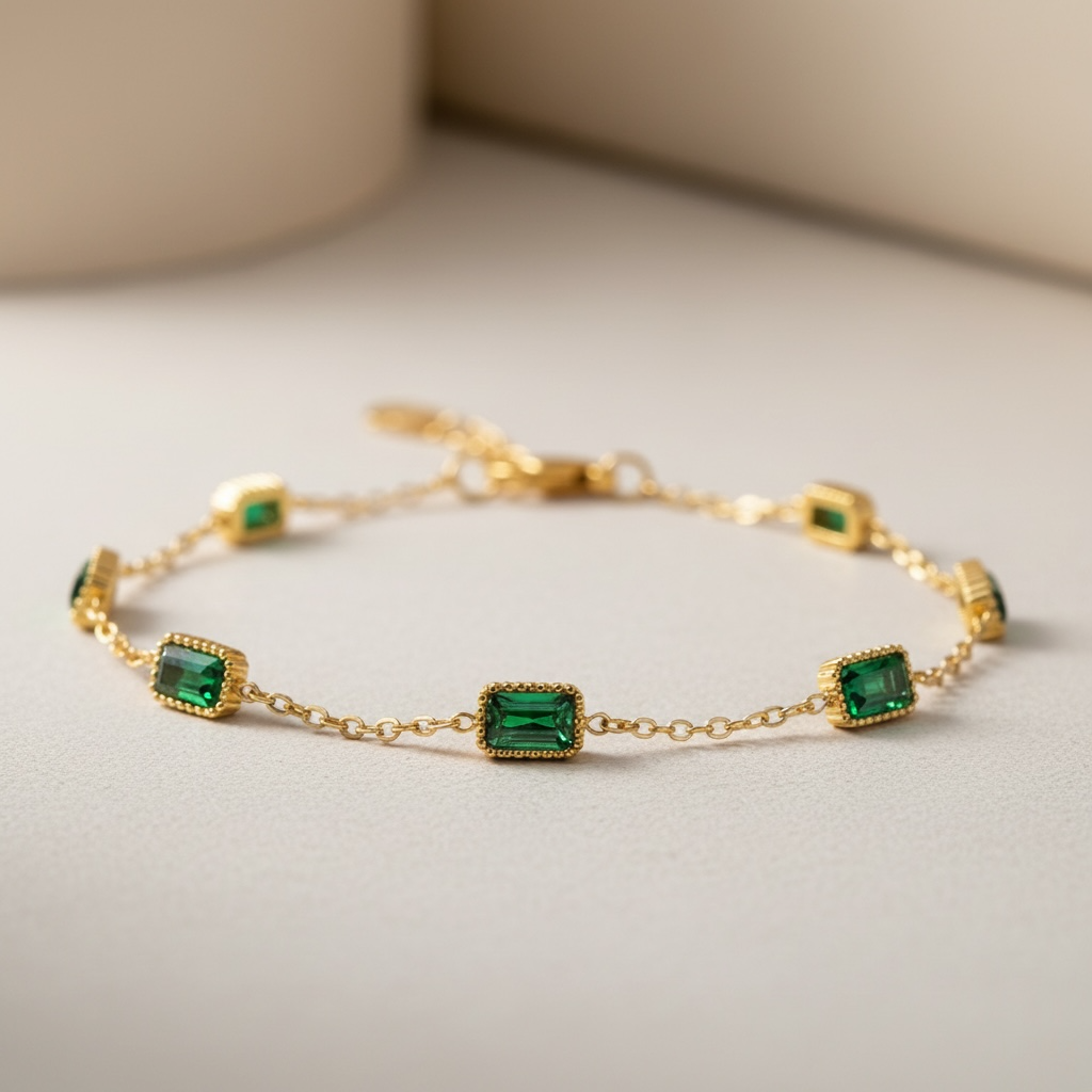 Emerald Chain Ring | Dainty Adjustable Gold Rectangle Cut Ring