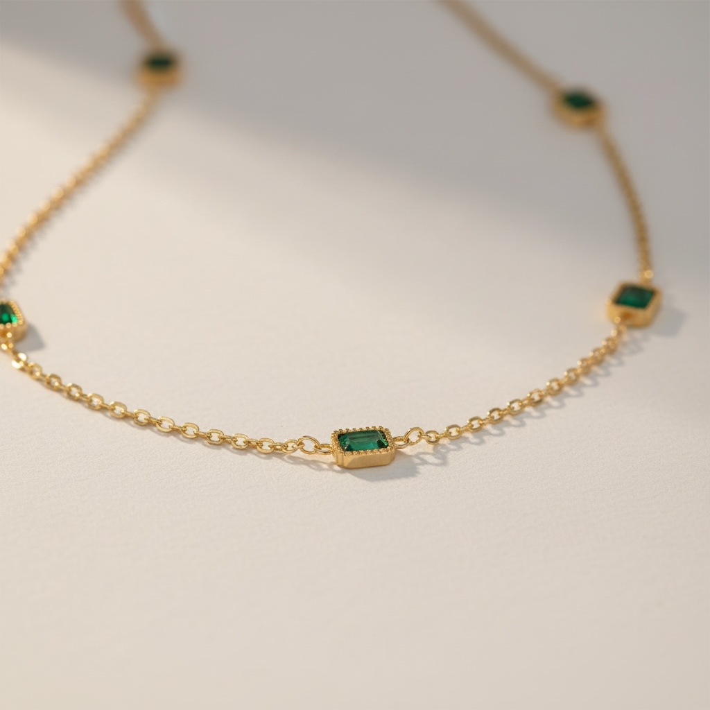 Baguette Necklace - Dainty May Emerald Necklace in Gold - Minimalist Everyday Jewelry