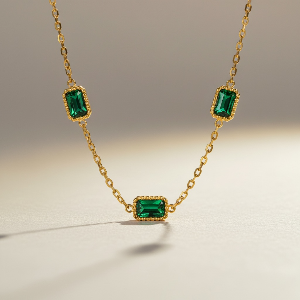 Baguette Necklace - Dainty May Emerald Necklace in Gold - Minimalist Everyday Jewelry
