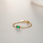 Emerald Chain Ring | Dainty Adjustable Gold Rectangle Cut Ring