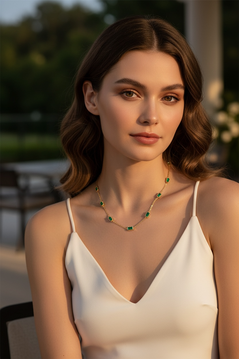 Baguette Necklace - Dainty May Emerald Necklace in Gold - Minimalist Everyday Jewelry