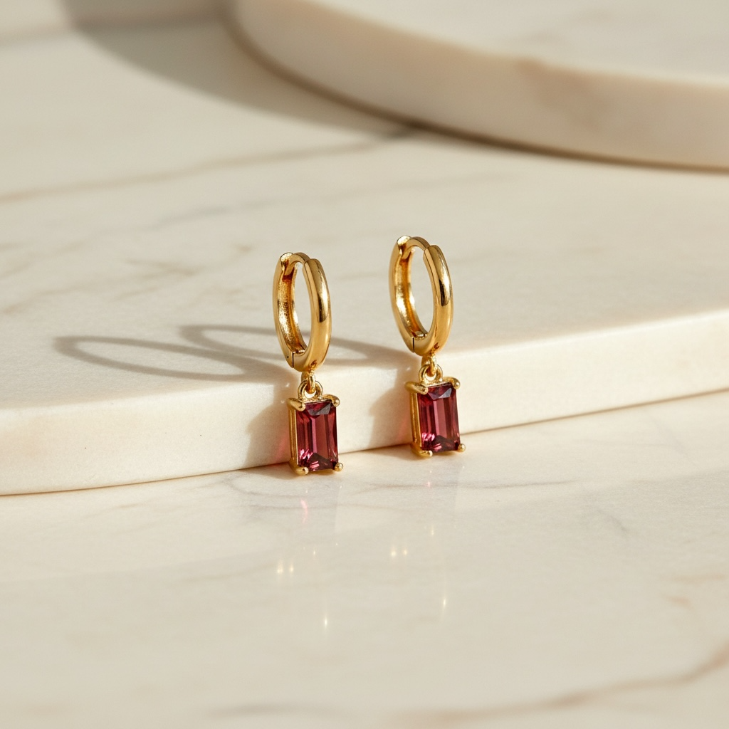 Baguette Earrings | Dangle Huggies | Gold Birthstone Hoop Earrings | Dainty Jewelry for Everyday Elegance