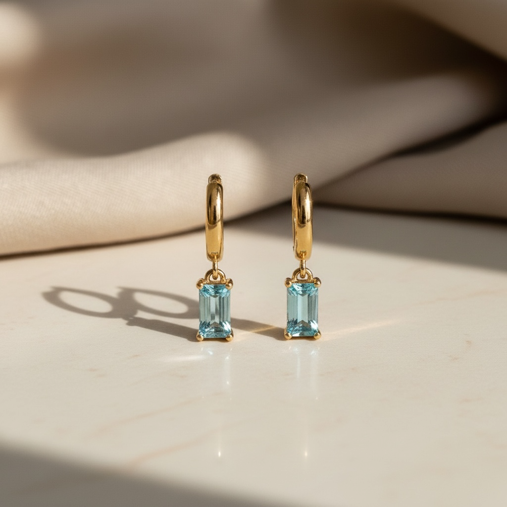 Baguette Earrings | Dangle Huggies | Gold Birthstone Hoop Earrings | Dainty Jewelry for Everyday Elegance