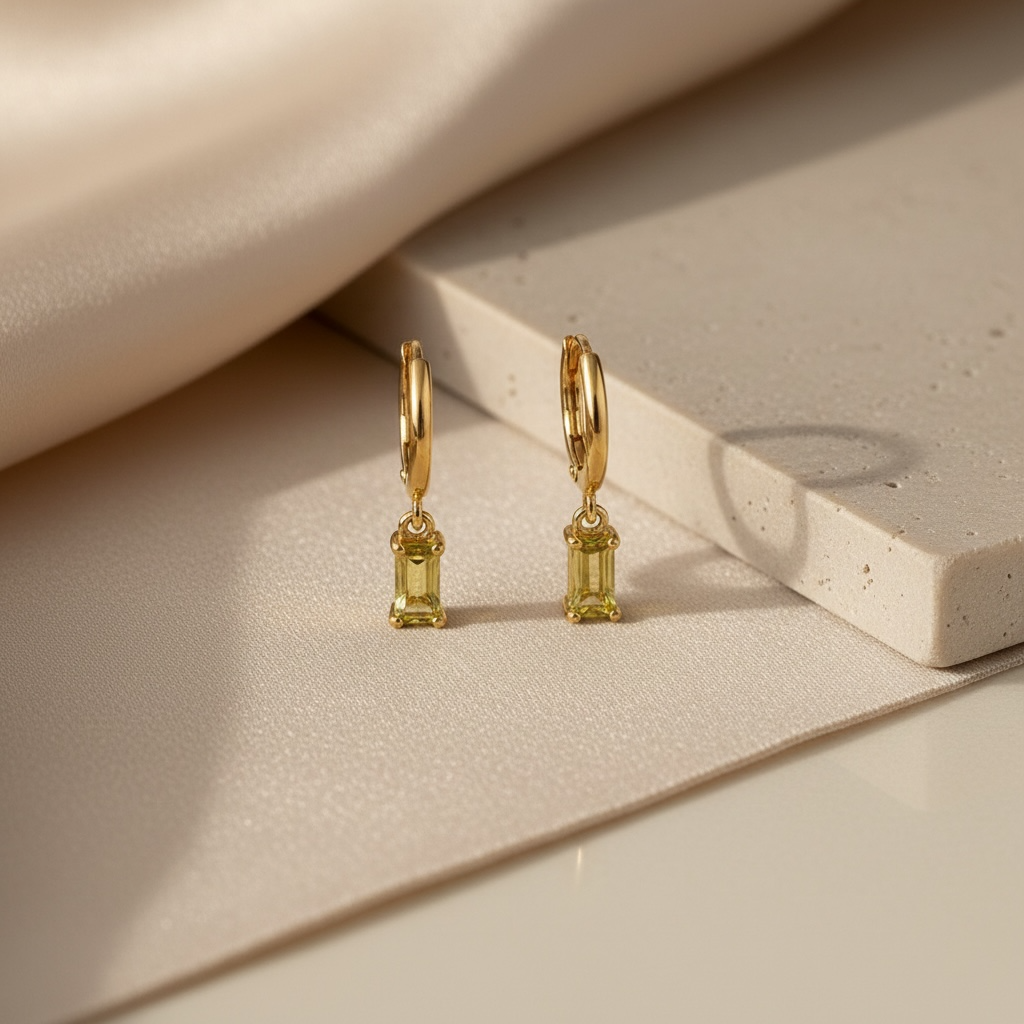 Baguette Earrings | Dangle Huggies | Gold Birthstone Hoop Earrings | Dainty Jewelry for Everyday Elegance