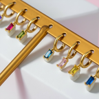 Baguette Earrings | Dangle Huggies | Gold Birthstone Hoop Earrings | Dainty Jewelry for Everyday Elegance