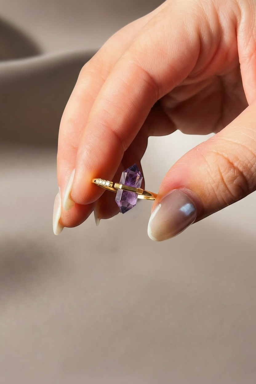 Crystal Point Ring | Hexagonal Crystal Wand | Adjustable Boho Ring by Stella Amoré
