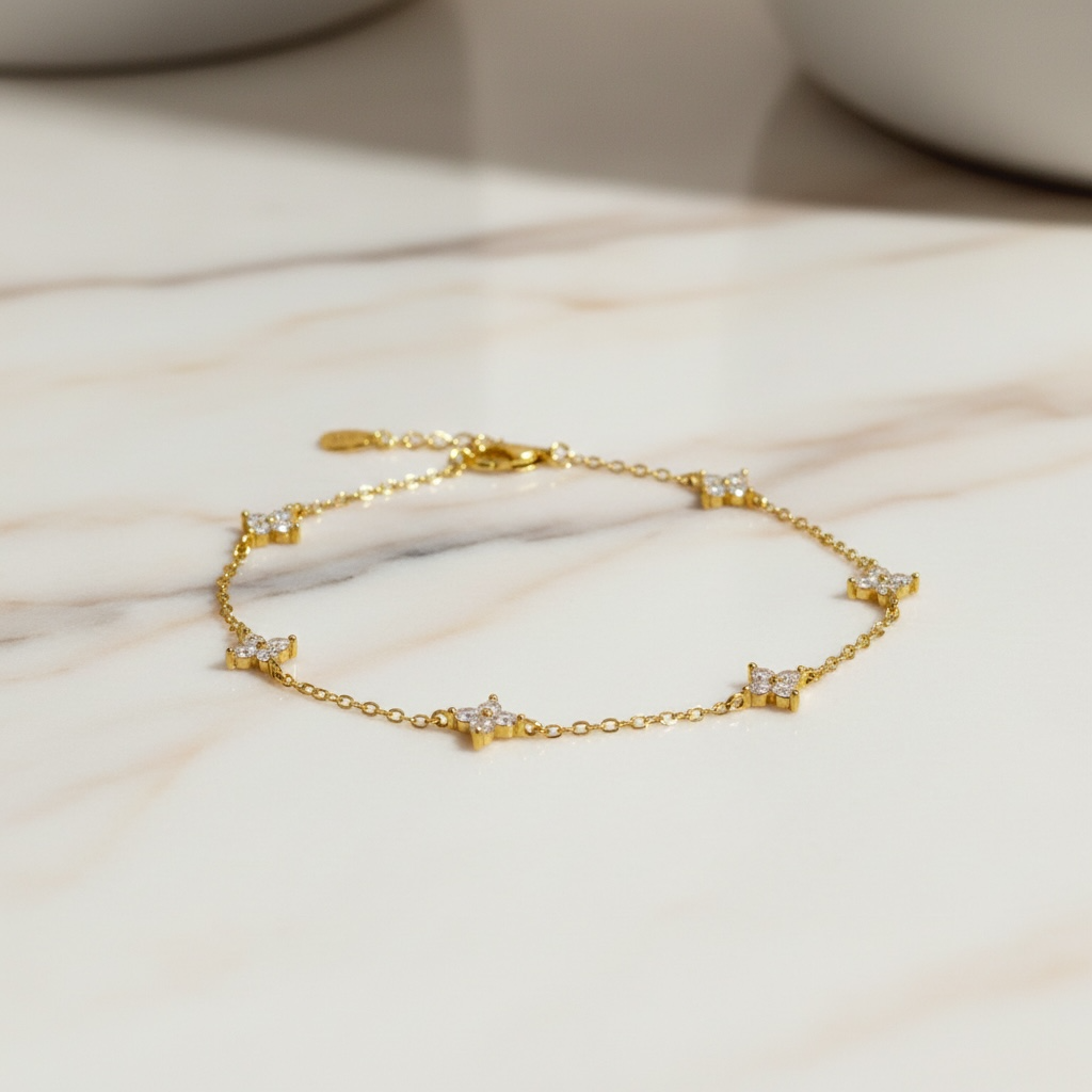 Gold Clover Bracelet by Stella Amoré: 18k Gold Plated Sterling Silver with Sparkling CZ