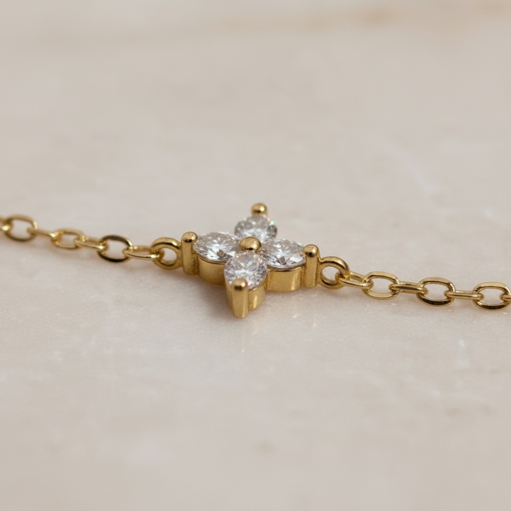 Gold Clover Bracelet by Stella Amoré: 18k Gold Plated Sterling Silver with Sparkling CZ
