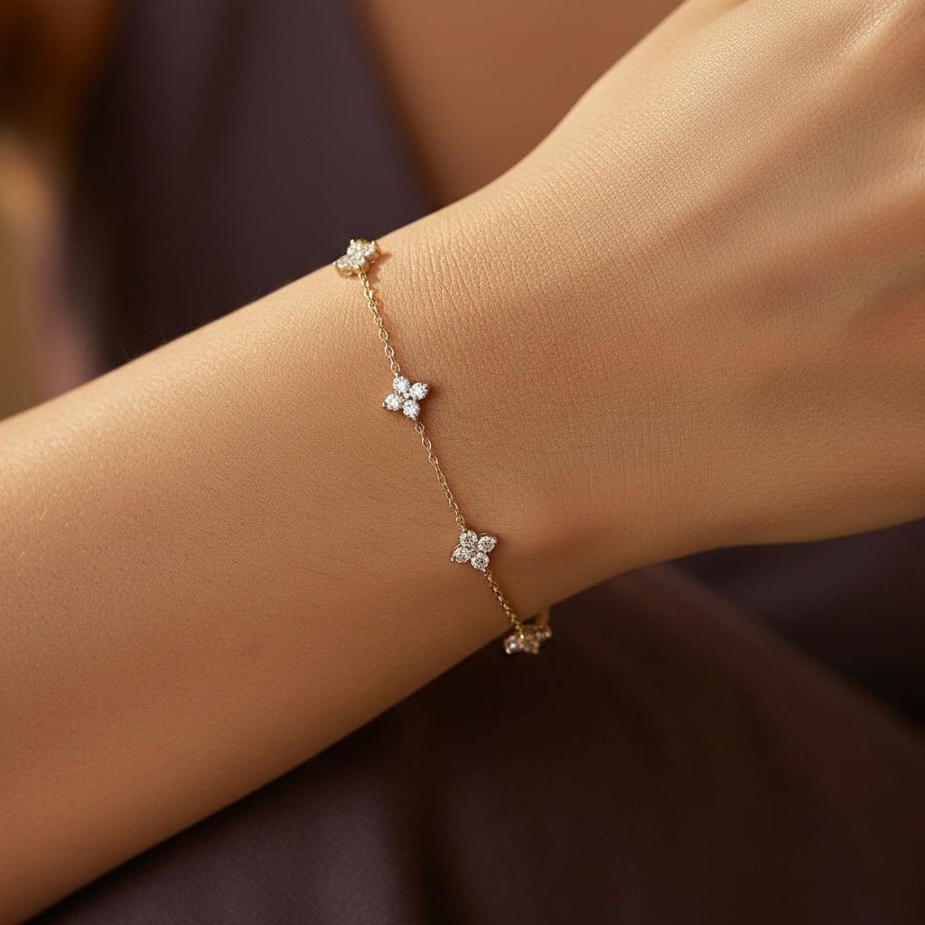 Gold Clover Bracelet by Stella Amoré: 18k Gold Plated Sterling Silver with Sparkling CZ