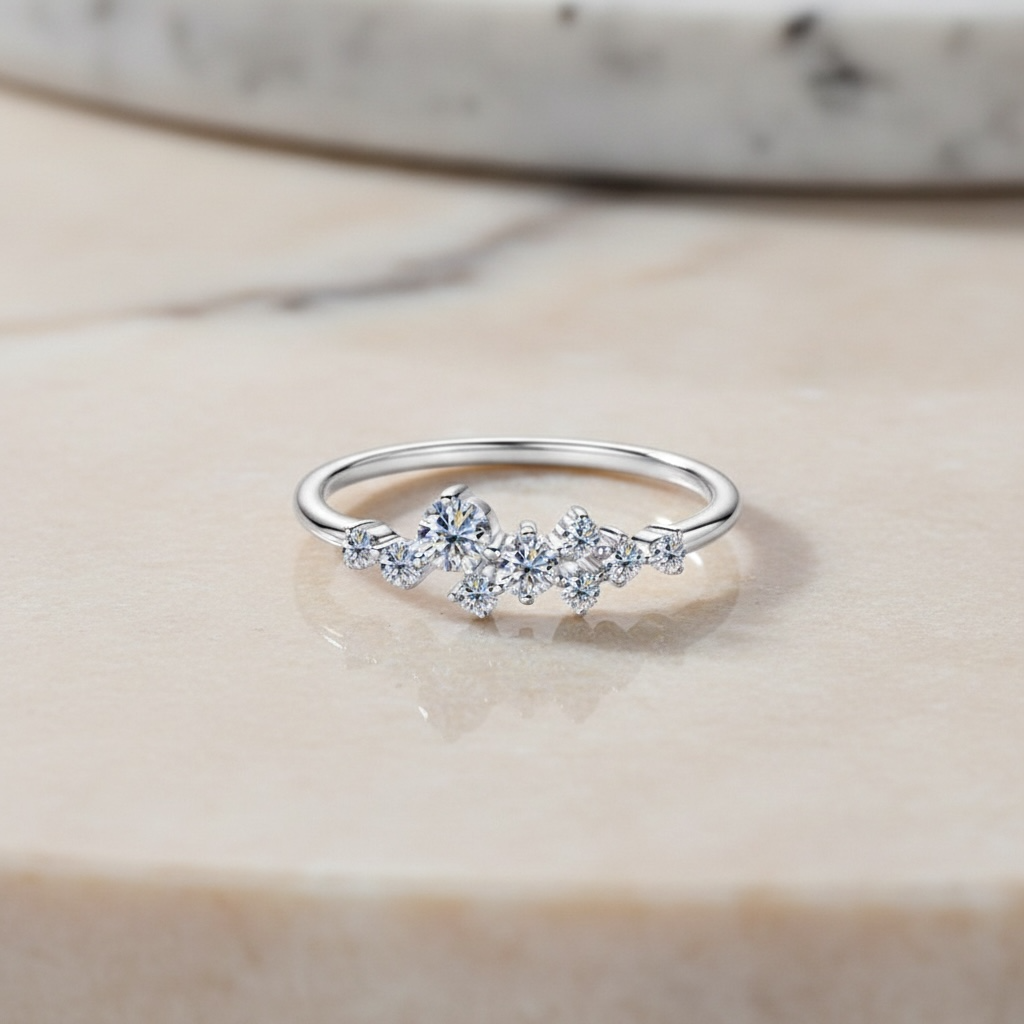 Cluster Ring – Scatter Diamond Band, Thin Moissanite Engagement Ring, Dainty Stacking Promise Jewelry