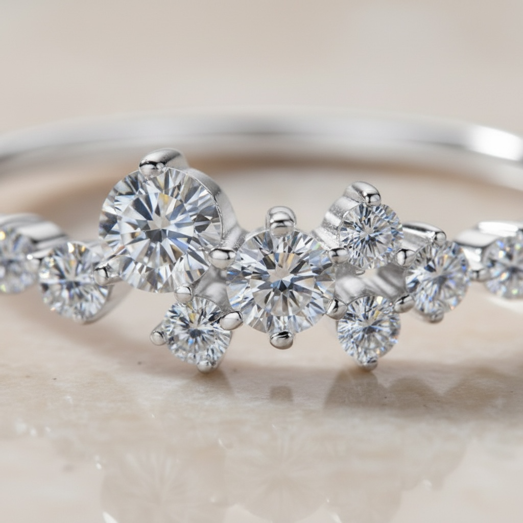 Cluster Ring – Scatter Diamond Band, Thin Moissanite Engagement Ring, Dainty Stacking Promise Jewelry