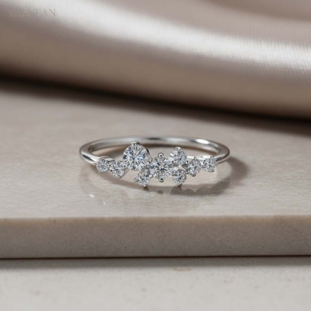 Cluster Ring – Scatter Diamond Band, Thin Moissanite Engagement Ring, Dainty Stacking Promise Jewelry