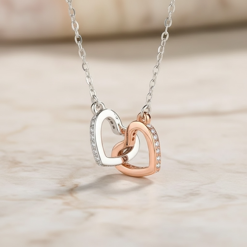 Double Interlocking Hearts 925 Sterling Silver Necklace by Stella Amoré