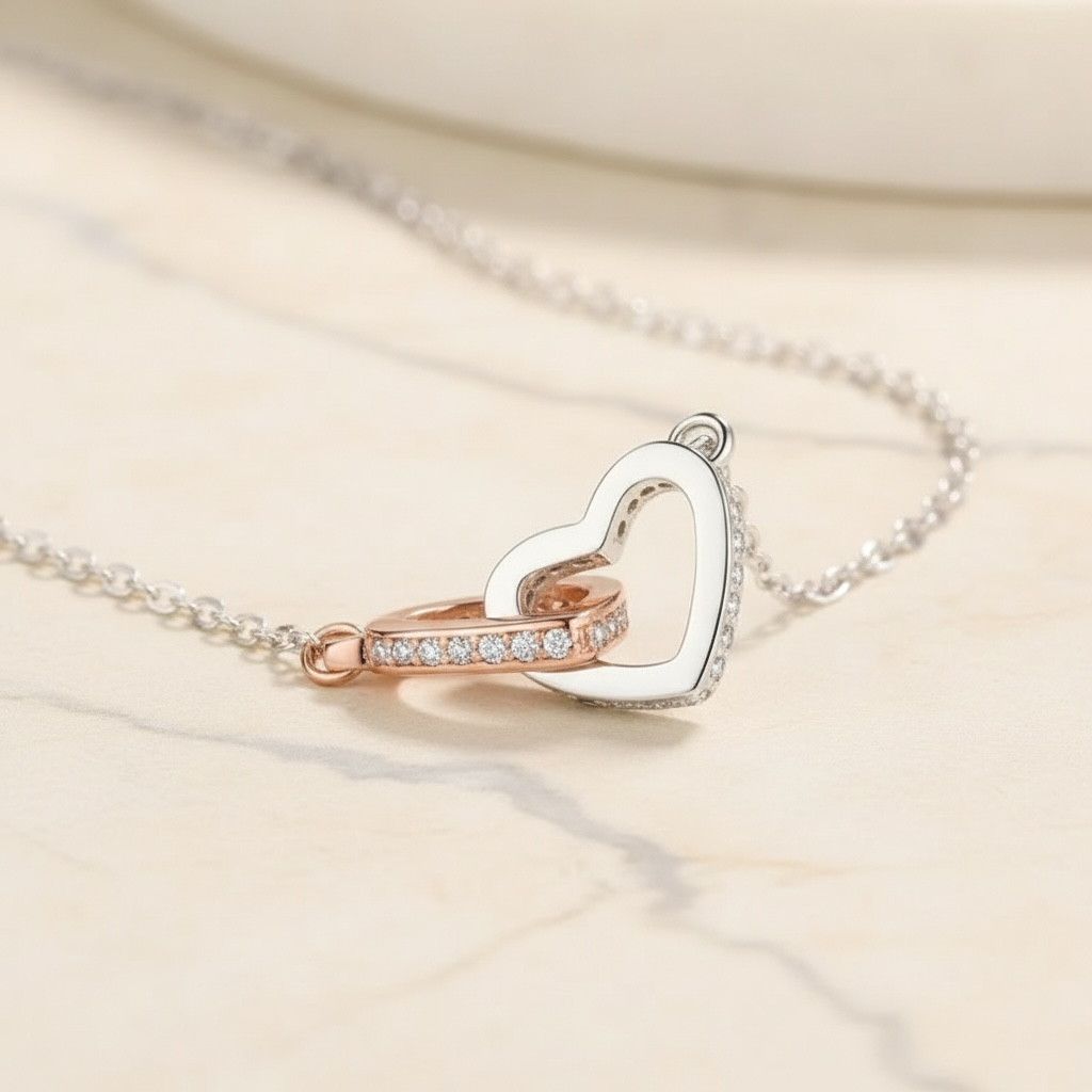 Double Interlocking Hearts 925 Sterling Silver Necklace by Stella Amoré