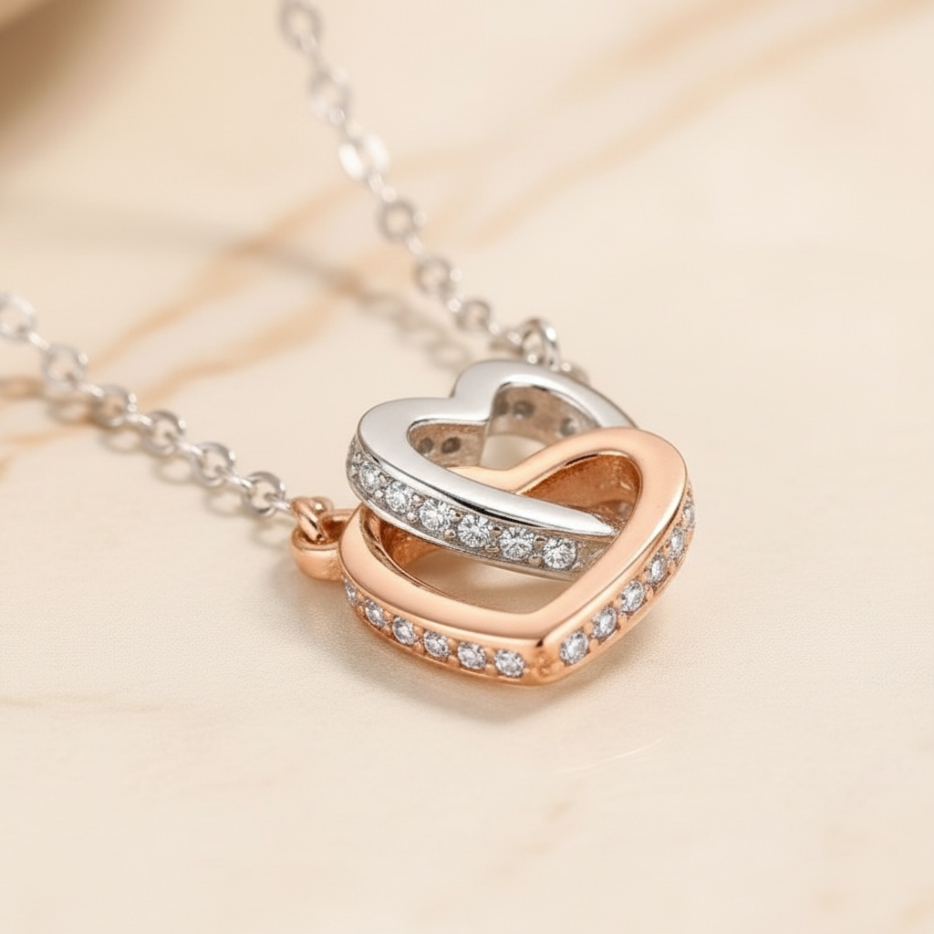 Double Interlocking Hearts 925 Sterling Silver Necklace by Stella Amoré