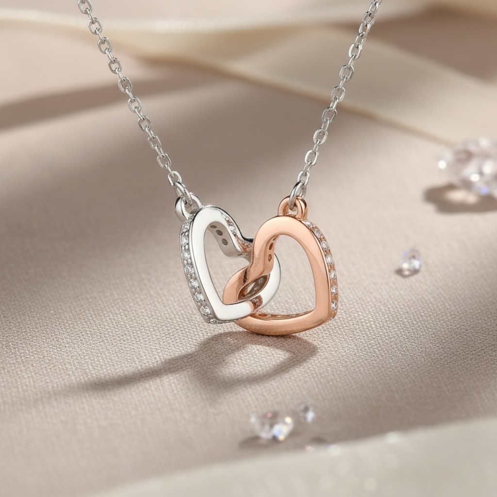 Double Interlocking Hearts 925 Sterling Silver Necklace by Stella Amoré