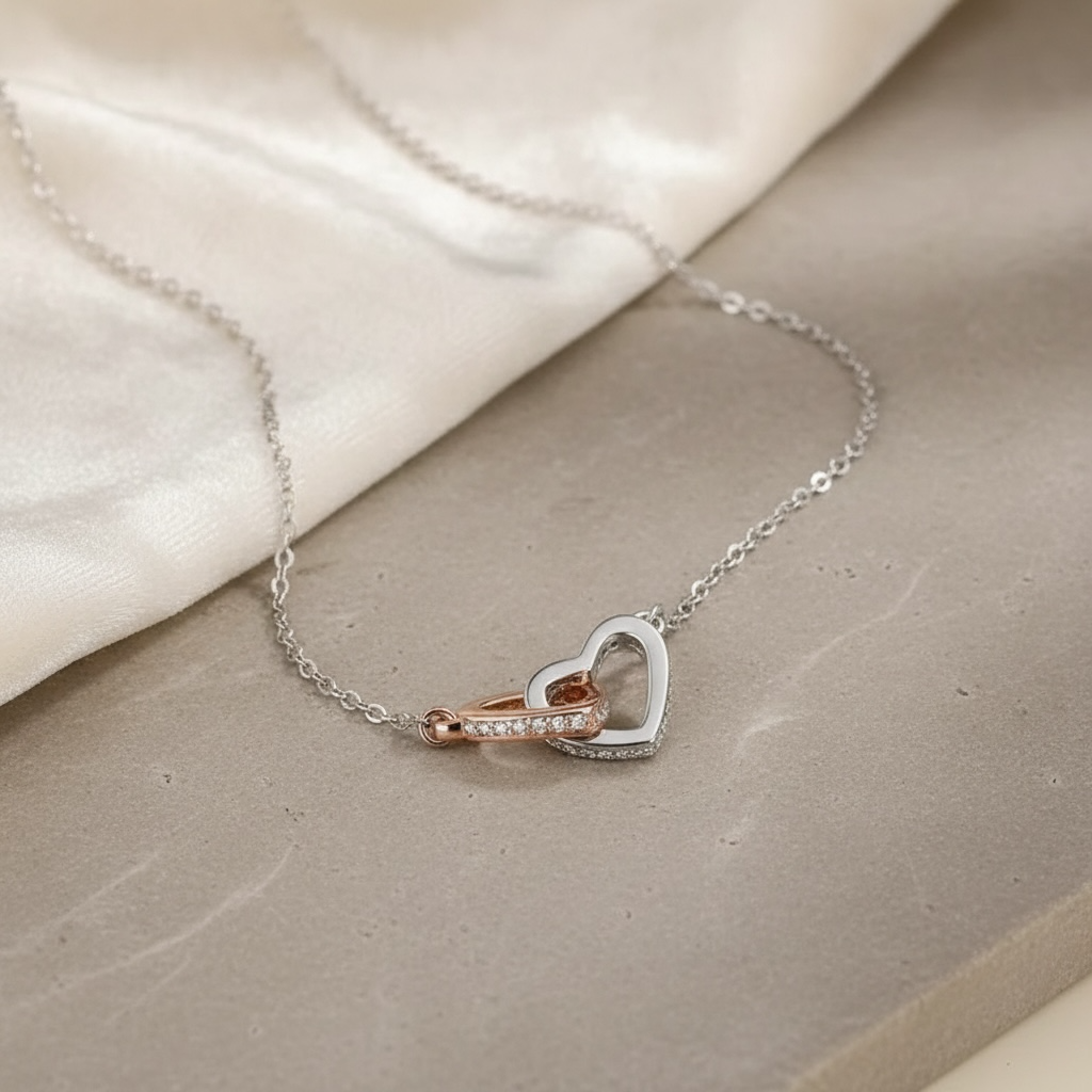 Double Interlocking Hearts 925 Sterling Silver Necklace by Stella Amoré